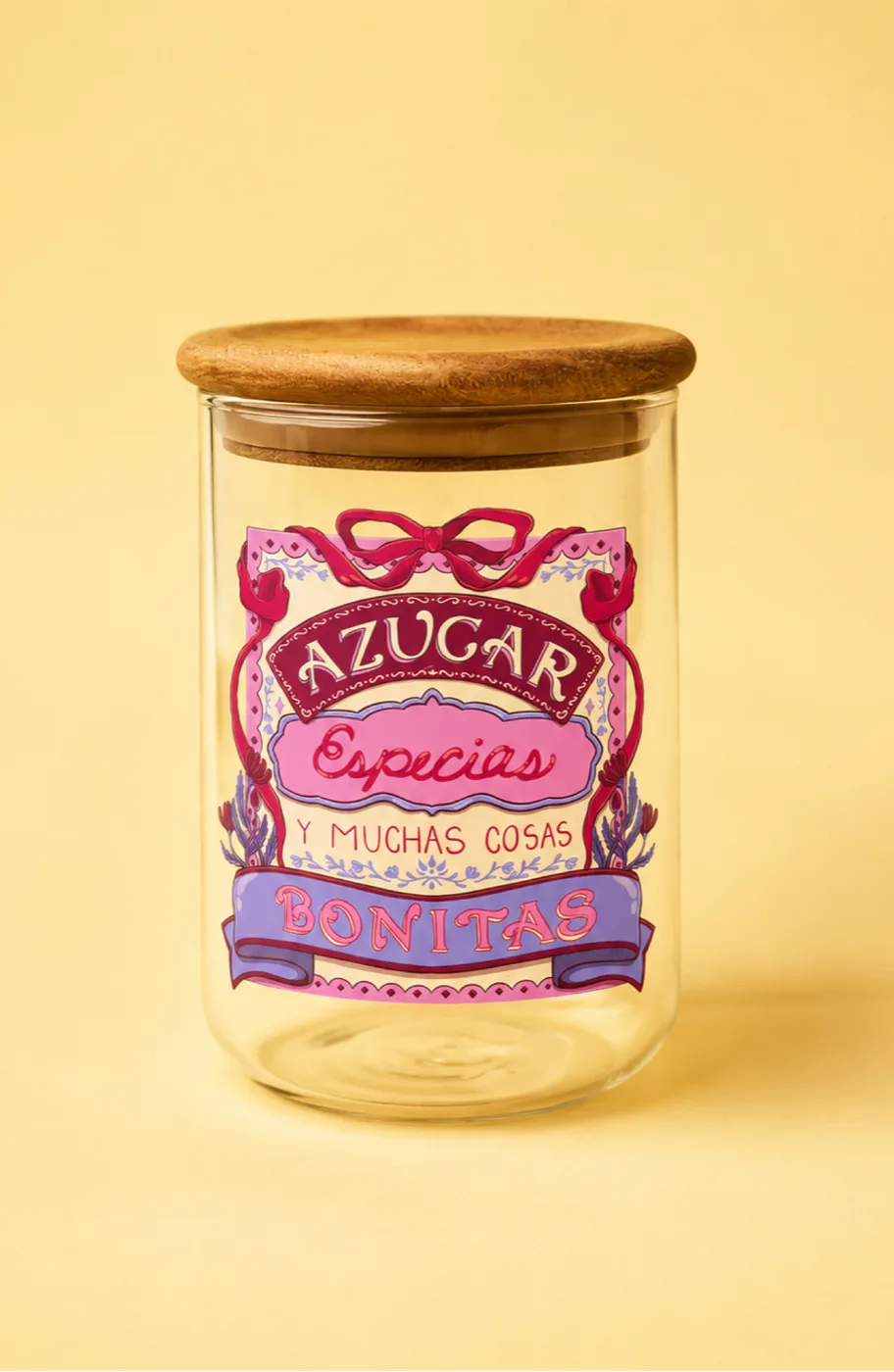 Azúcar label printed on a glass jar with wooden lid — illustration by Lizy Del Busto
